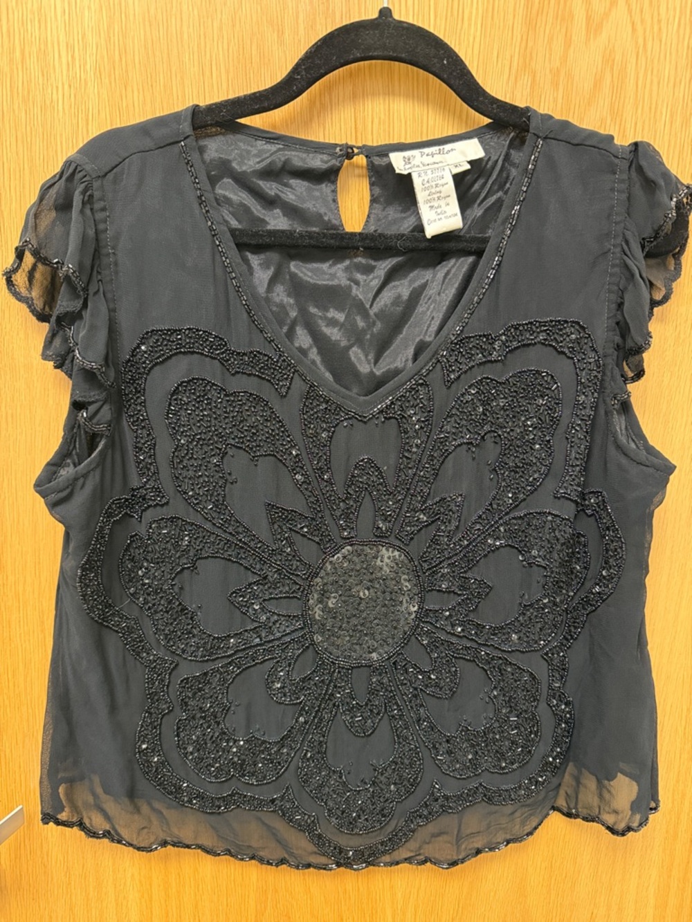 Papillon Blanc Black Beaded Floral V-Neck Blouse